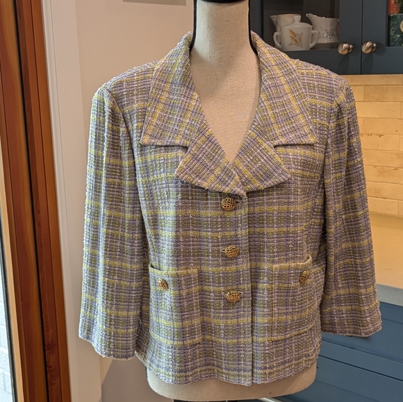 St. John Bouclé Jacket in Pastel Blue & Yellow - Picture 2 of 11